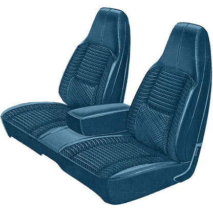 1971 DODGE CHARGER 500 SPLIT BENCH CLOTH UPHOLSTERY - SRM BLACK/BLUE SALT&PEPPER CLOTH/BRIGHT BLUE